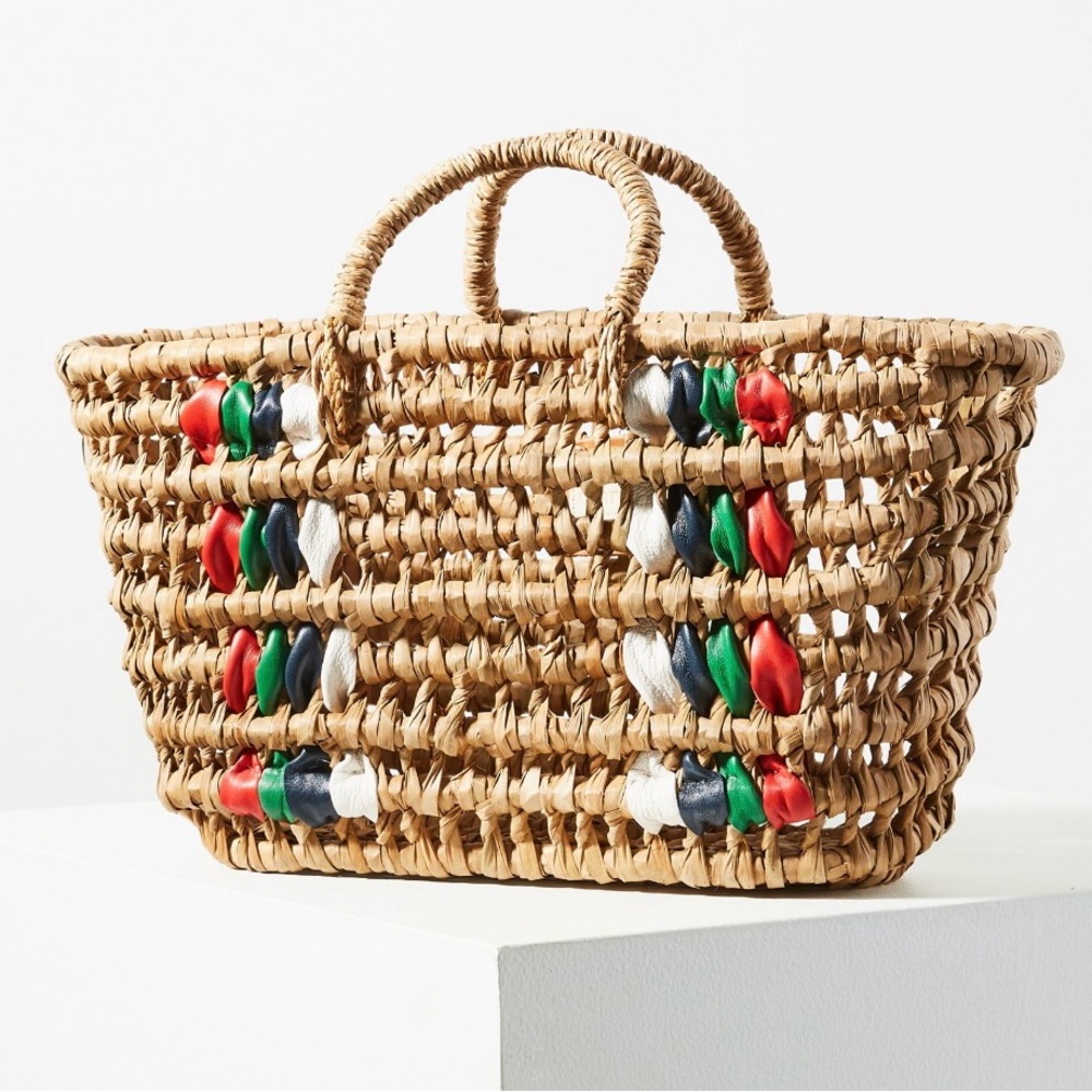 Clare V Bruno handwoven straw basket tote bag leather ribbons